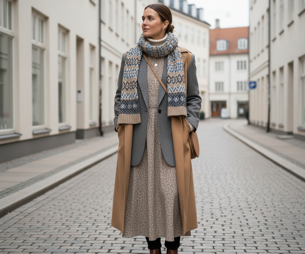 mujer usando un outfit con layering escandinavo