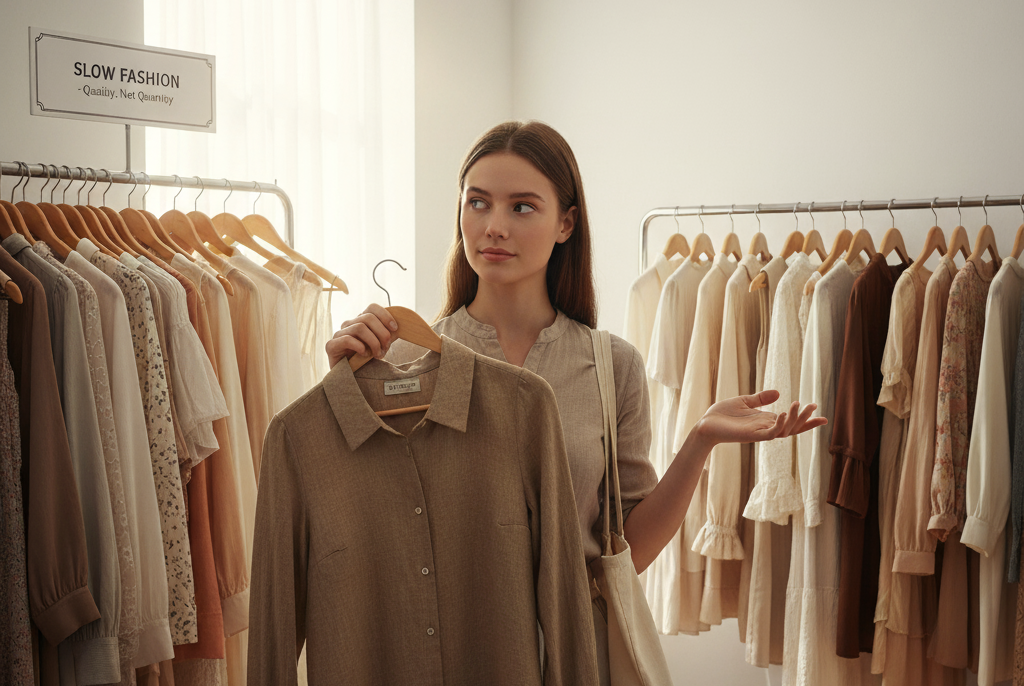 Mujer eligiendo prendas slow fashion